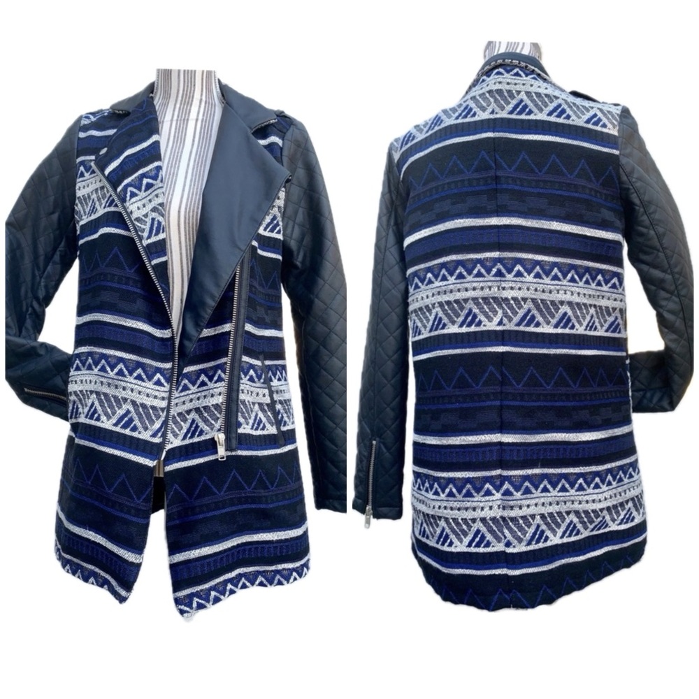 Vintage Forever 21 Black and Blue Aztec Pattern Vegan Leather Jacket NWT S